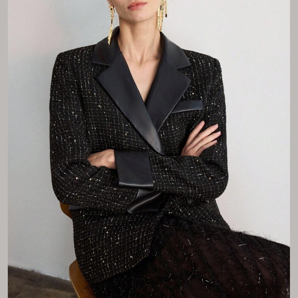 Black / Gold Sequin Tweed Faux Leather Lapel Relaxed Fit Blazer
